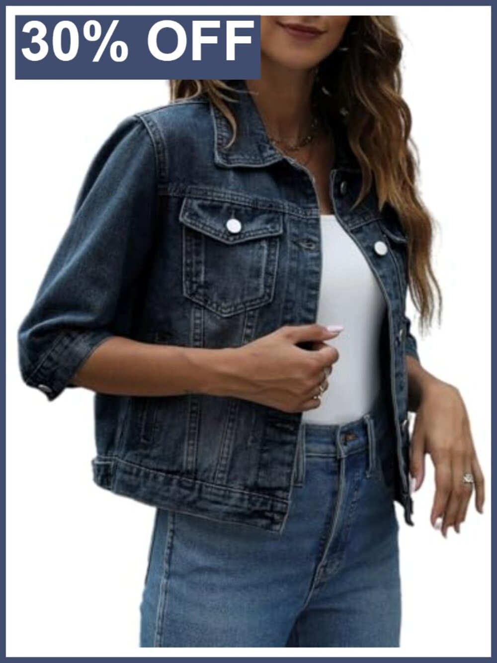 3/4 Sleeve Cropped Denim Jacket Button Down Trucker Jean Coat